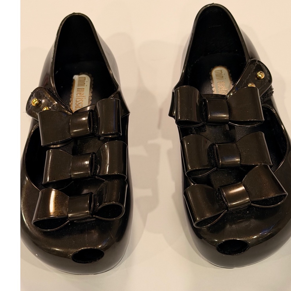 Mini Melissa Ultragirl Triple Bow Black Glitter Jelly Mary‎ Jane Flats Kids US 8